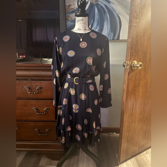 Real Vintage! Darling Navy Mandala Patterned Ruffle Belted Dress EUC!! - Picture 7 of 12
